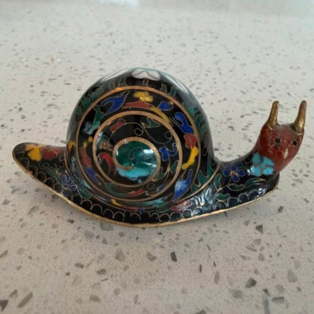 Vintage Chinese Cloisonne Enamel Snail Figurine - Pristine Brass & Copper Inlay